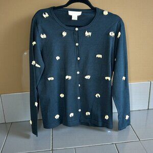 Doncaster Black Tan Fringe Lightweight Silk Blend Cardigan Sweater Size Large